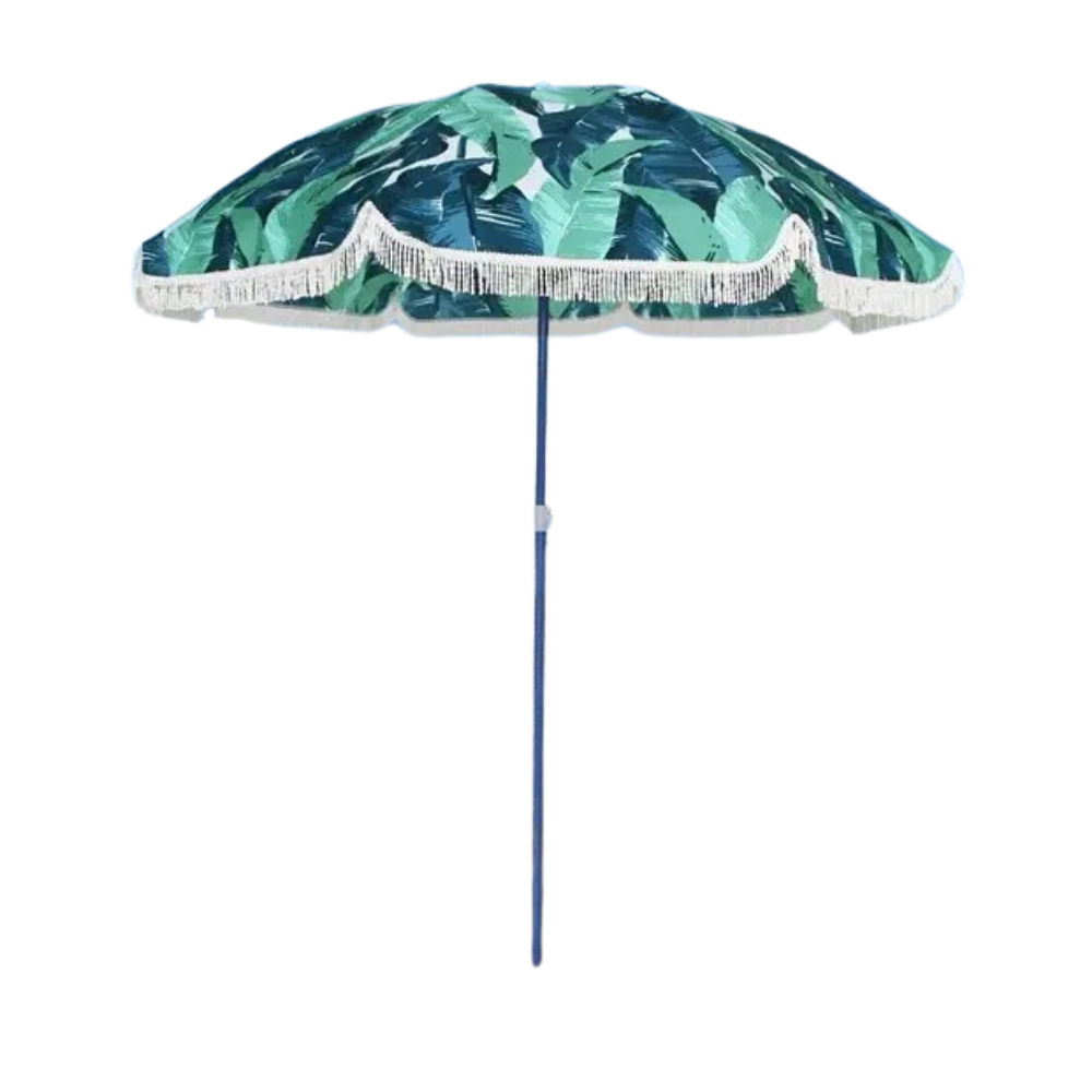 Green Leaf Print Beach Umbrella with Tassels - Patio Paradise