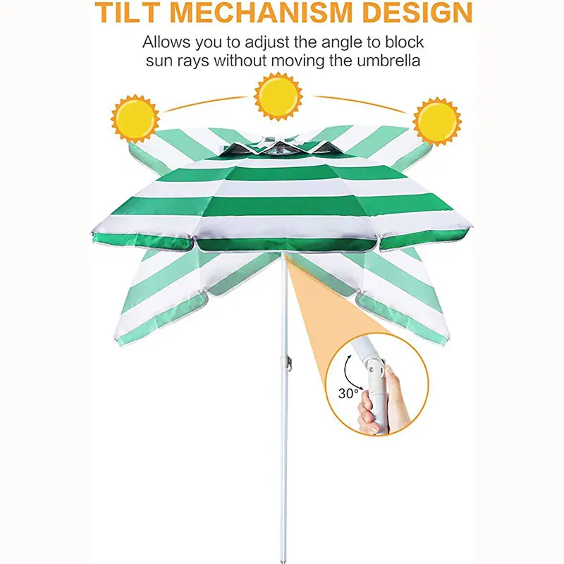 UV-Protected Green Stripe Beach Umbrella: Silver-Coated, Airvent Comfort