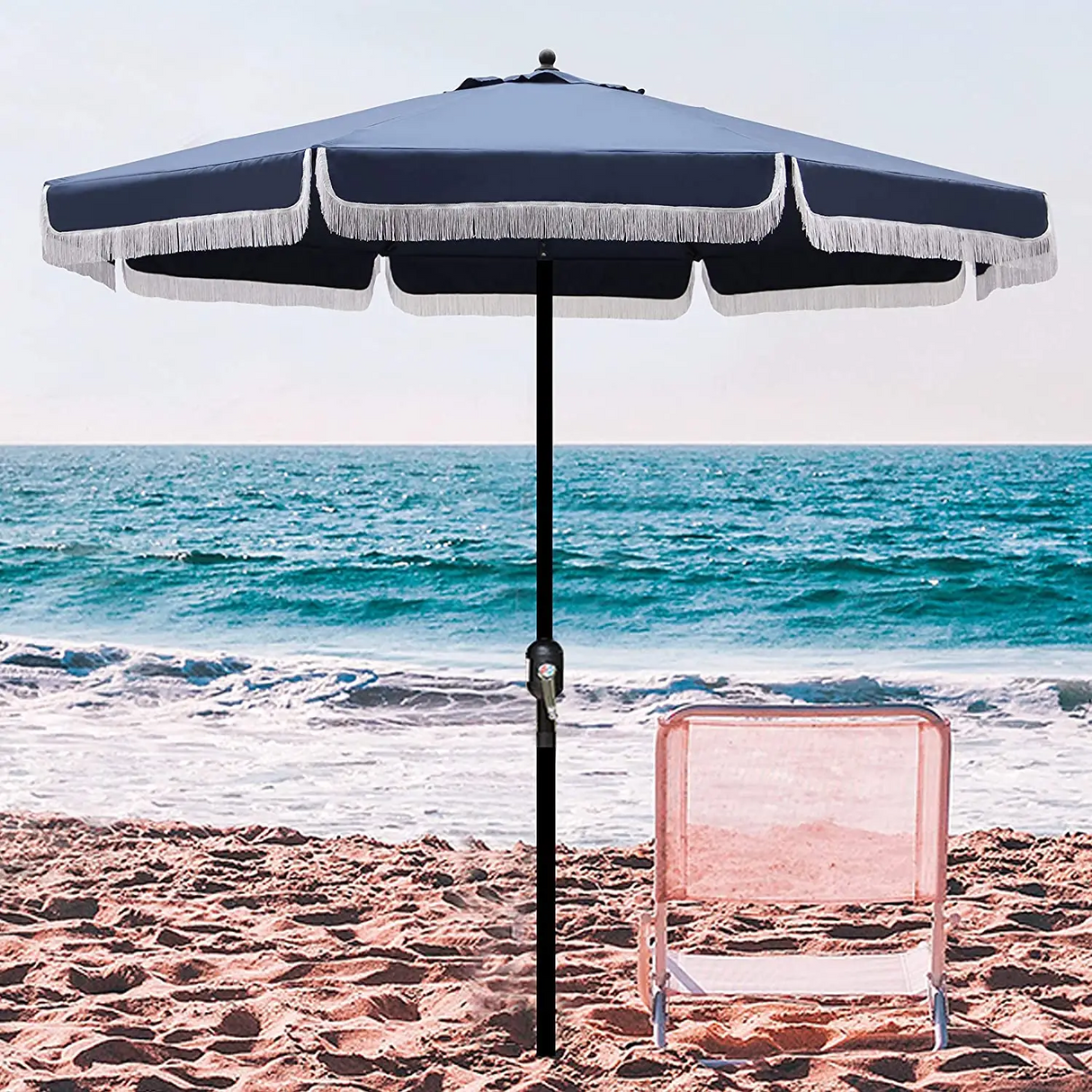 9ft Fringed Outdoor Patio Umbrella with Tilt and Crank