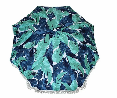 Green Leaf Print Beach Umbrella with Tassels - Patio Paradise