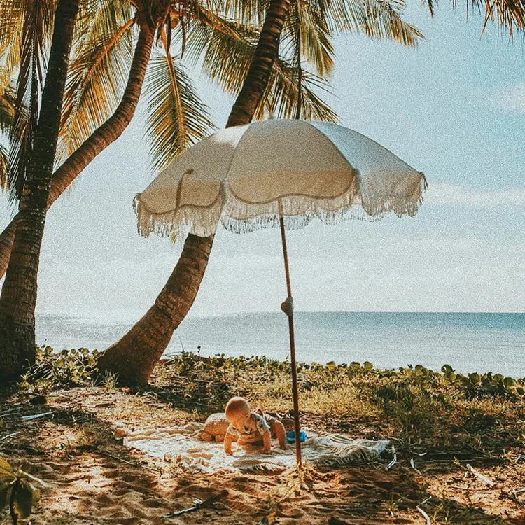 White Wavy Beach Umbrella with Sun Shelter and Tassels