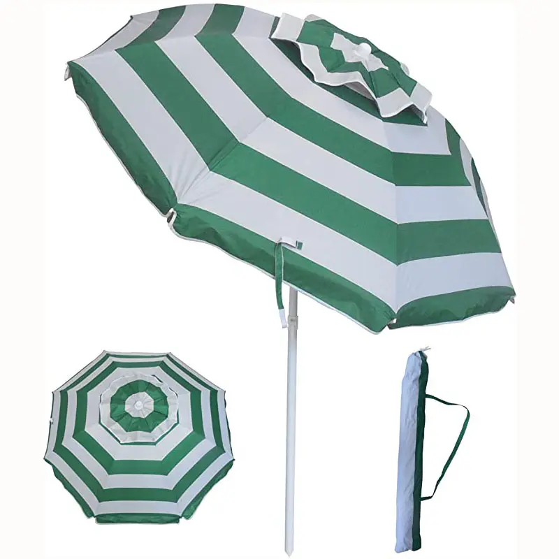 UV-Protected Green Stripe Beach Umbrella: Silver-Coated, Airvent Comfort