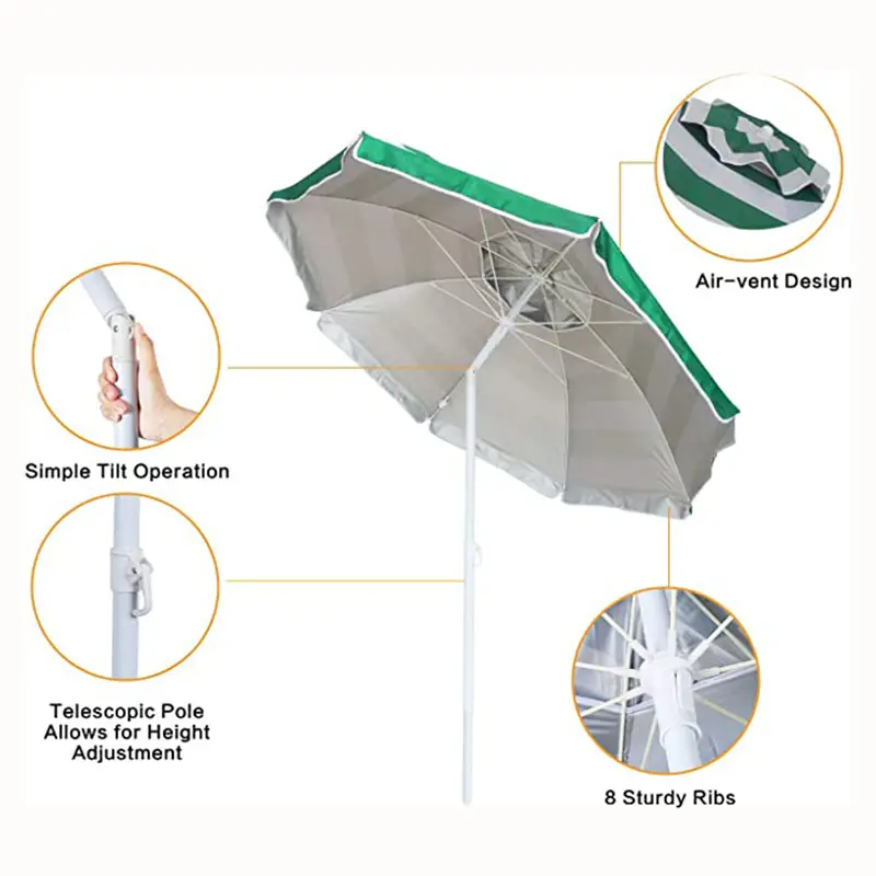 UV-Protected Green Stripe Beach Umbrella: Silver-Coated, Airvent Comfort