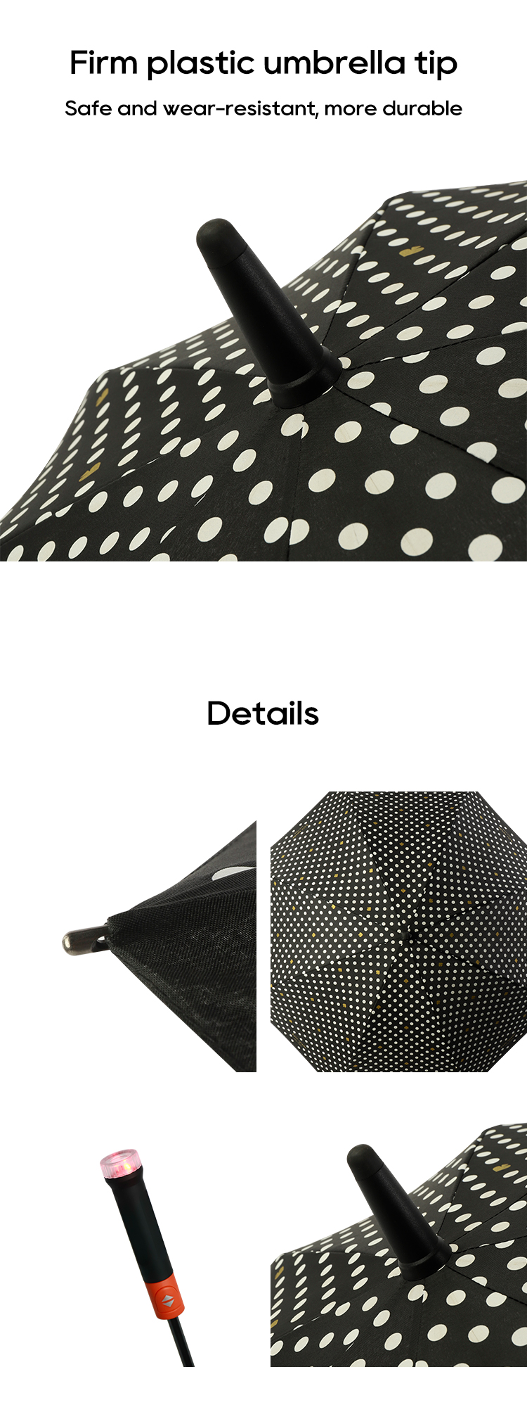 LED Handle Automatic Open/Close Straight Umbrella, Black Dotted